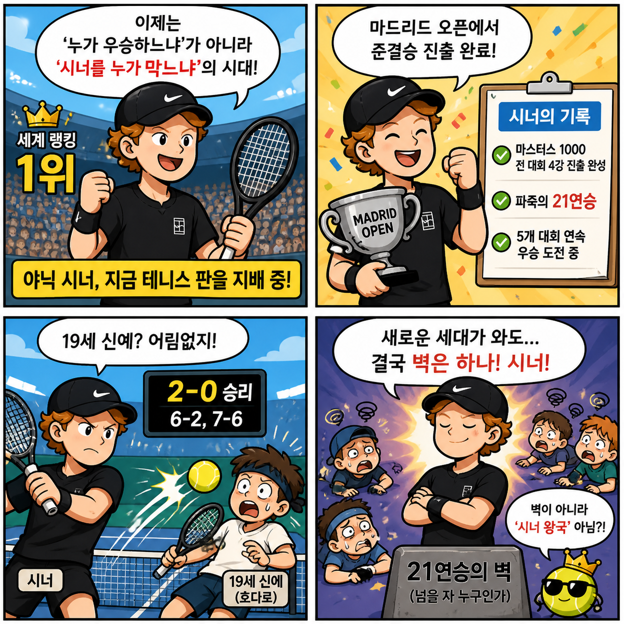 “21연승의 공포”…야닉 시너, 지금 테니스 판을 지배하는 진짜 이유 4컷만화