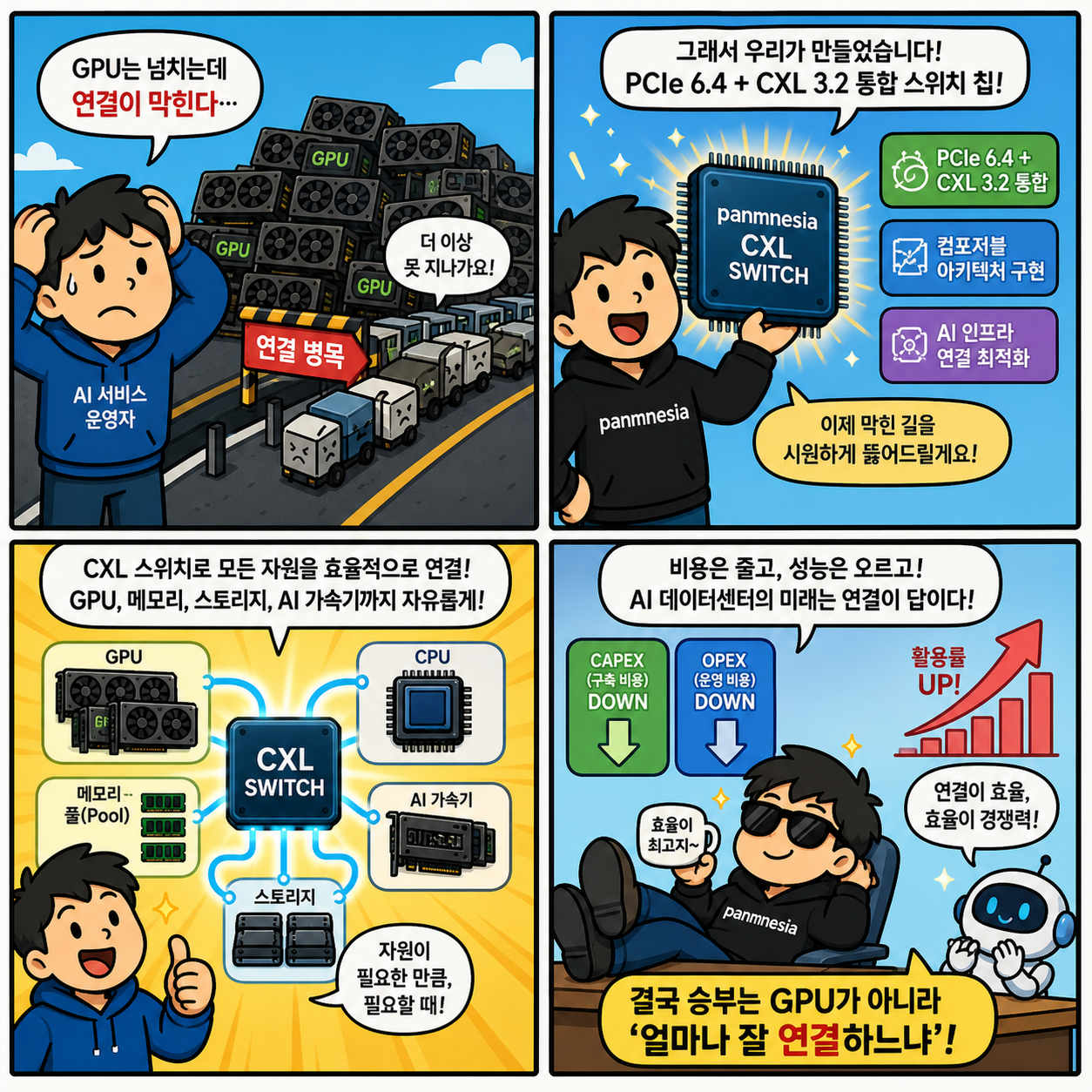 “GPU는 넘치는데 연결이 막힌다”…파네시아 CXL 스위치, AI 4컷만화