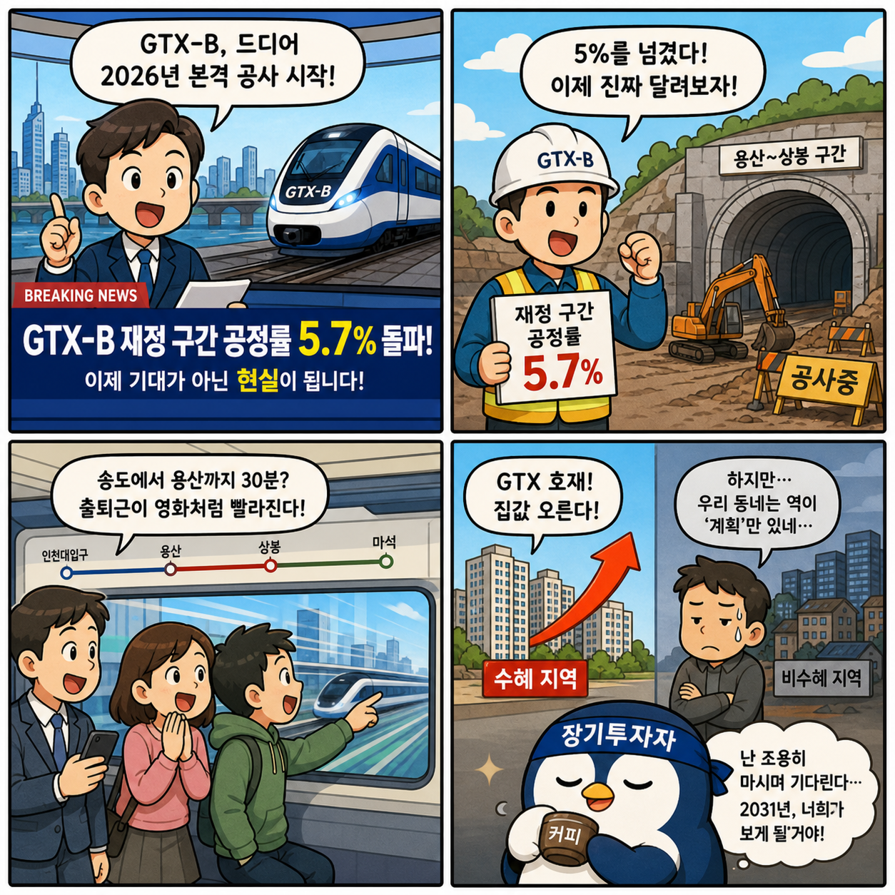 GTX-B 드디어 움직인다…공정률 5% 돌파가 부동산과 출퇴근 판을 4컷만화
