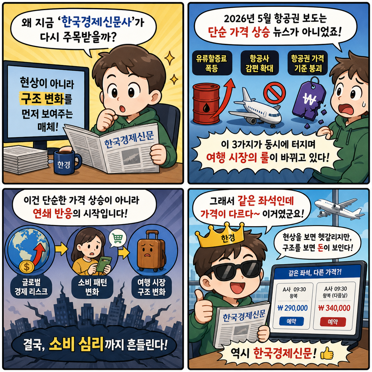 “같은 좌석인데 가격이 다르다”…한국경제신문이 짚은 항공권 시장 붕괴의 4컷만화