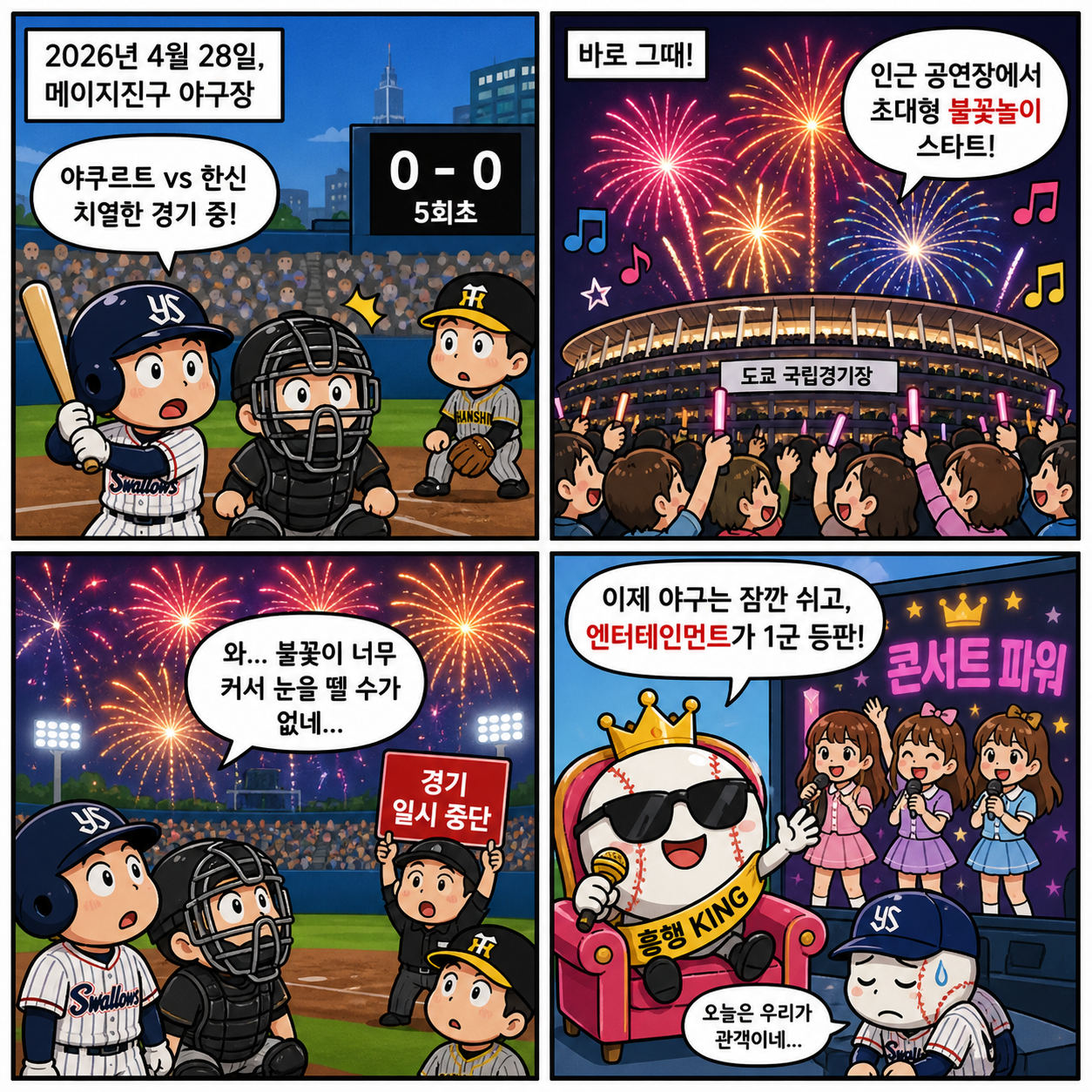 “경기 중단까지 만들었다”…야구장을 멈춘 불꽃, 스포츠 산업이 바뀌는 4컷만화
