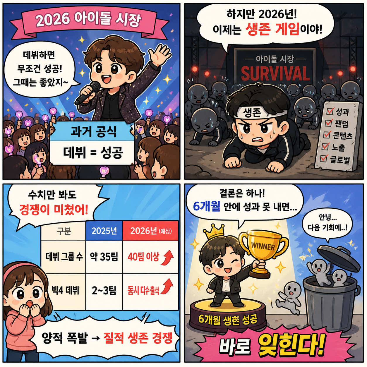 “데뷔 6개월 만에 판 뒤집었다”…2026 아이돌, 진짜 승자 구조가 4컷만화
