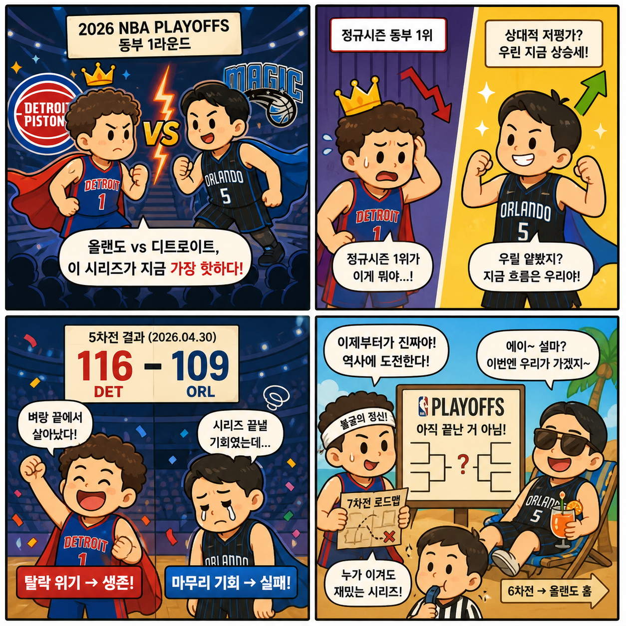“벼랑 끝에서 살아났다”…디트로이트 vs 올랜도, 45점 승부가 만든 4컷만화