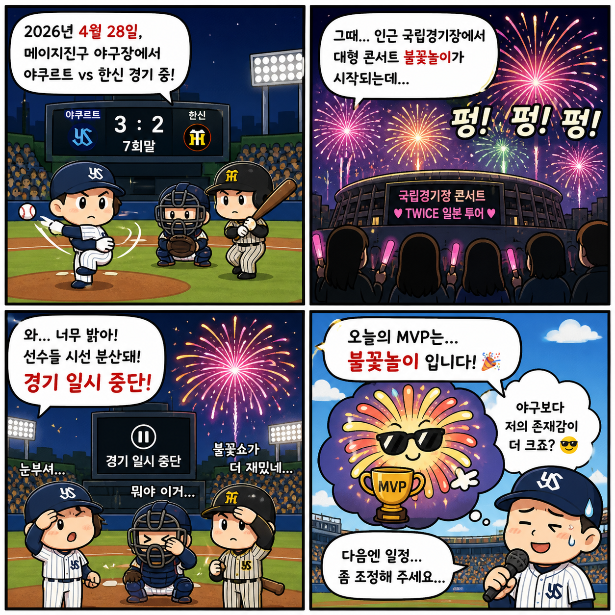 “불꽃 하나에 경기 멈췄다”…야구장을 멈춘 엔터테인먼트, 스포츠 판이 4컷만화