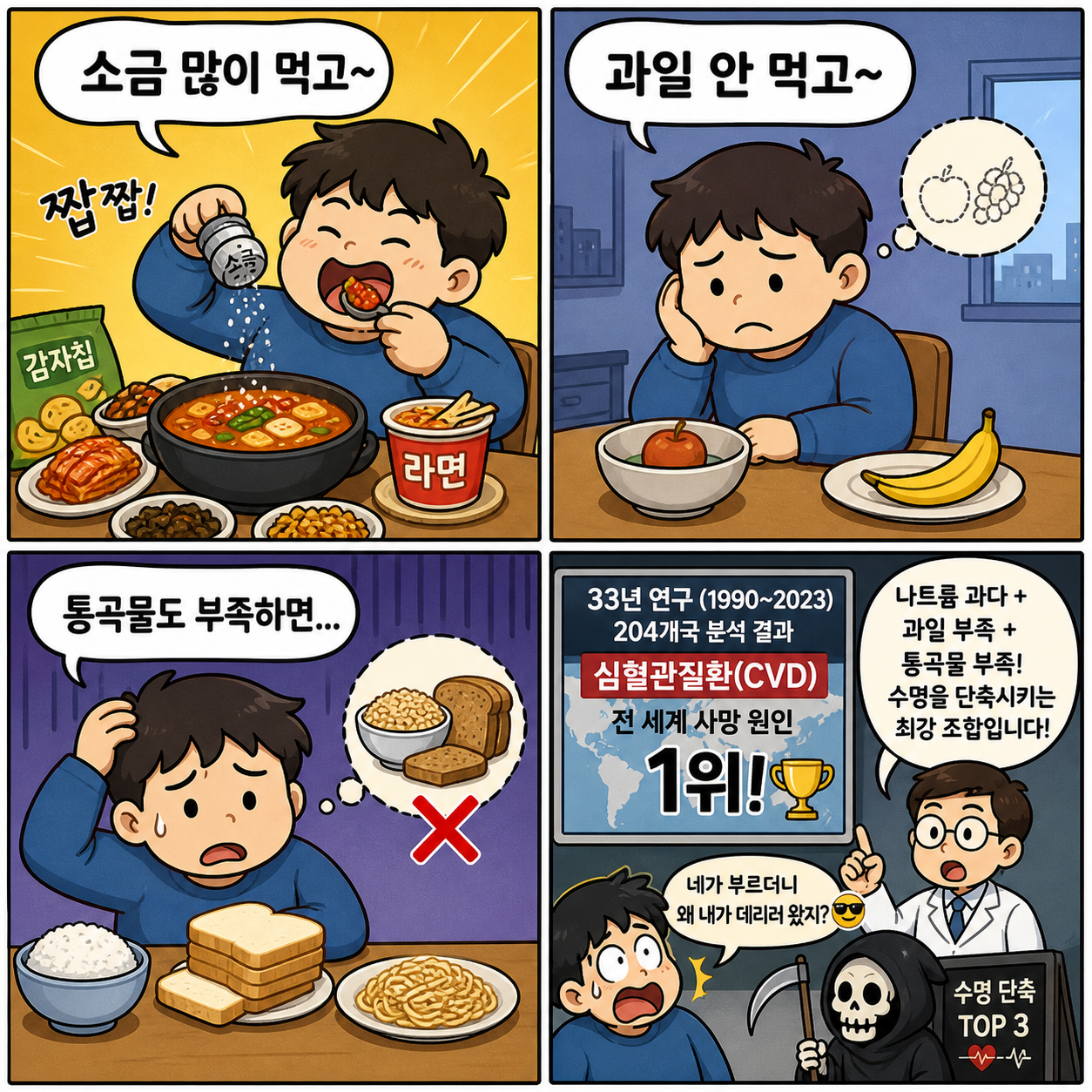 “소금 많이 먹고 과일 안 먹으면 위험합니다”…33년 연구가 밝힌 4컷만화