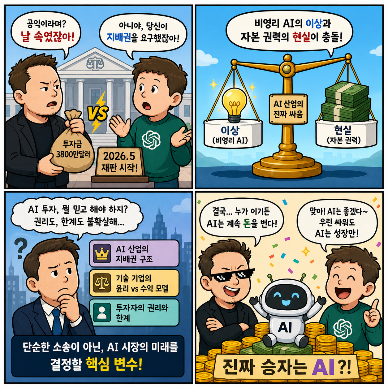 “속았다 vs 지배권 욕심”…머스크-오픈AI 소송, AI 시장 판을 4컷만화