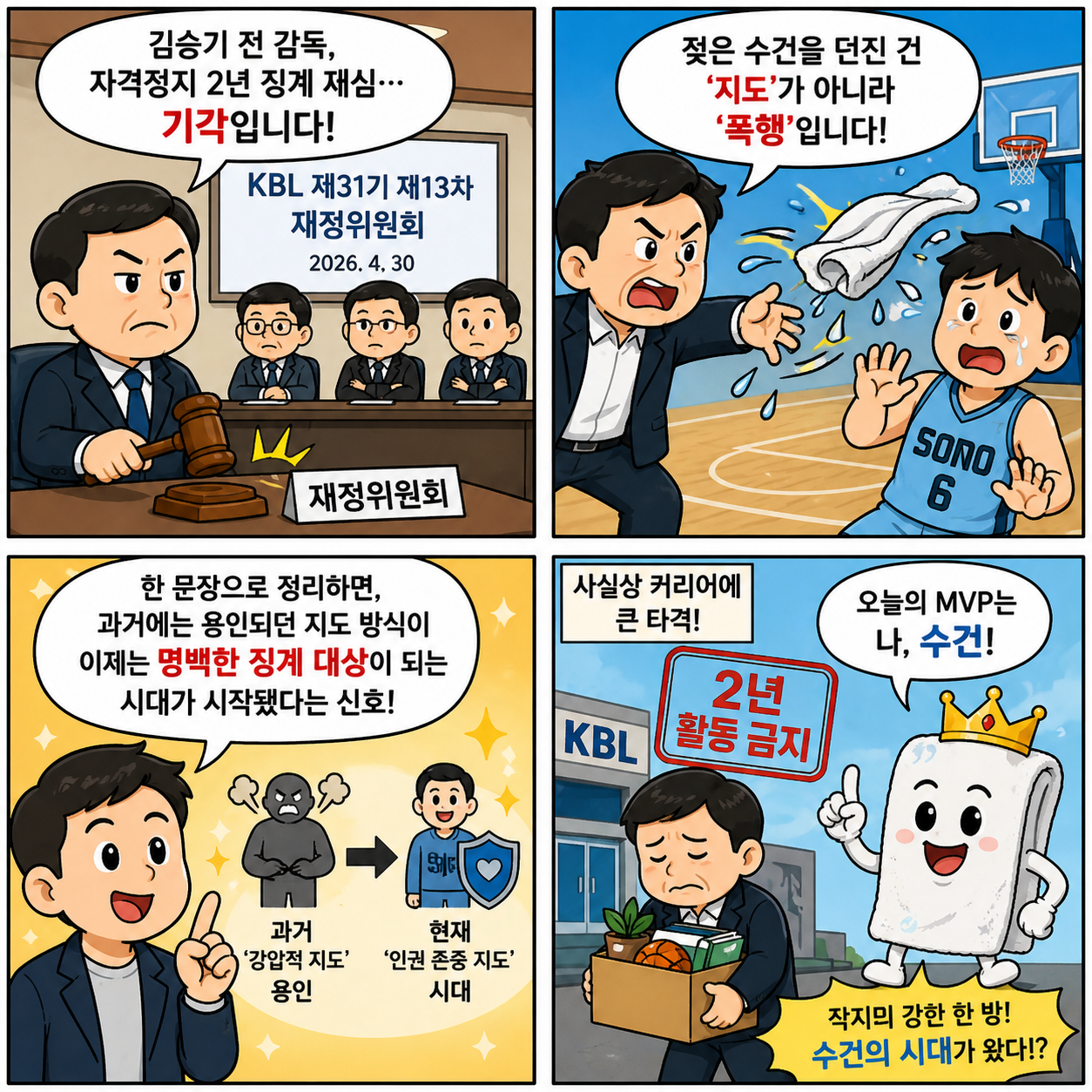 “수건 하나로 2년 정지”…김승기 사태가 한국 프로농구에 던진 진짜 경고 4컷만화