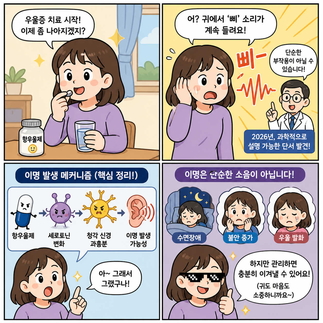 “우울증 약 먹었는데 귀에서 ‘삐’ 소리가?”…이명 발생 원인, 드디어 4컷만화