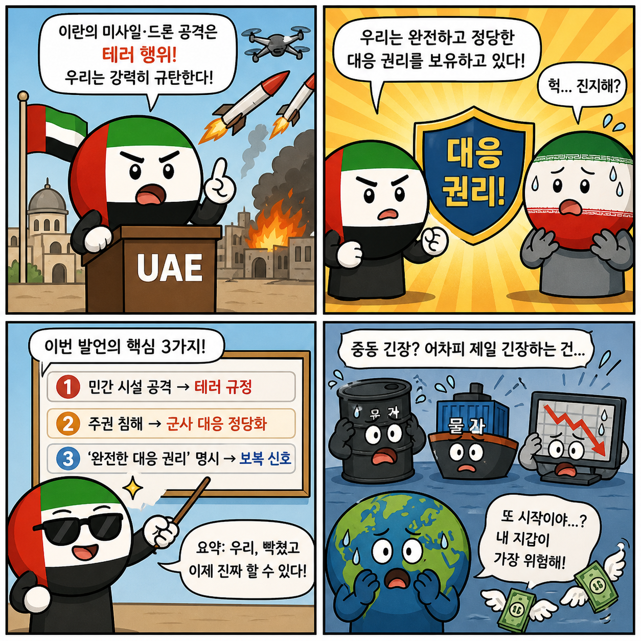중동 긴장 폭발 직전…UAE “이란 공격 대응 권리 있다” 보복 4컷만화