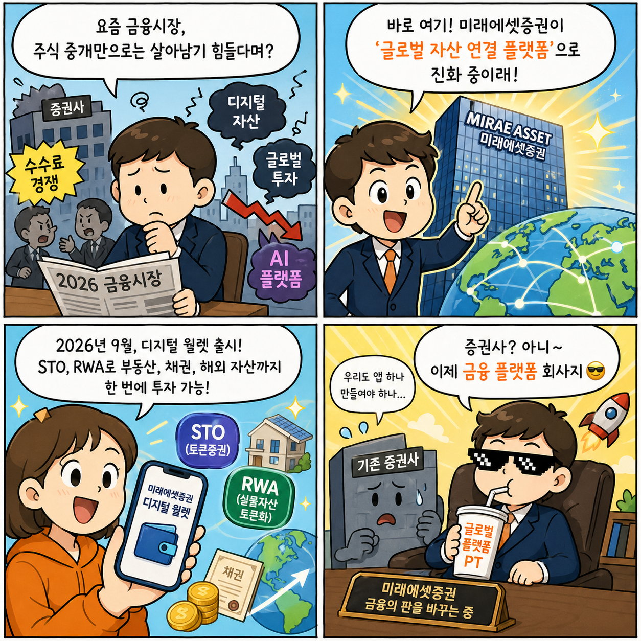 “증권사의 끝판왕 전략”…미래에셋증권이 ‘금융 플랫폼’으로 진화하는 4컷만화