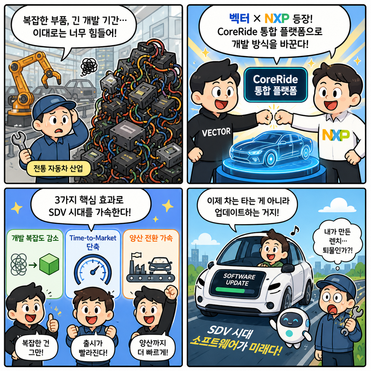 “차는 이제 소프트웨어로 만든다”…벡터·NXP 협업이 SDV 시장 4컷만화