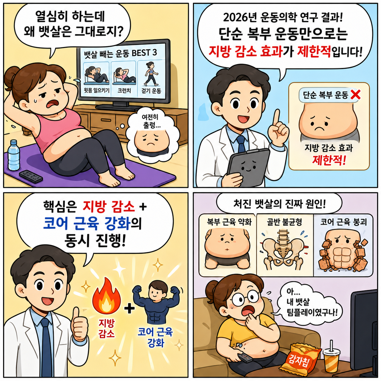 축 처진 뱃살, 집에서 끝낸다…전문의가 추천한 “확실하게 빠지는” 실내 4컷만화
