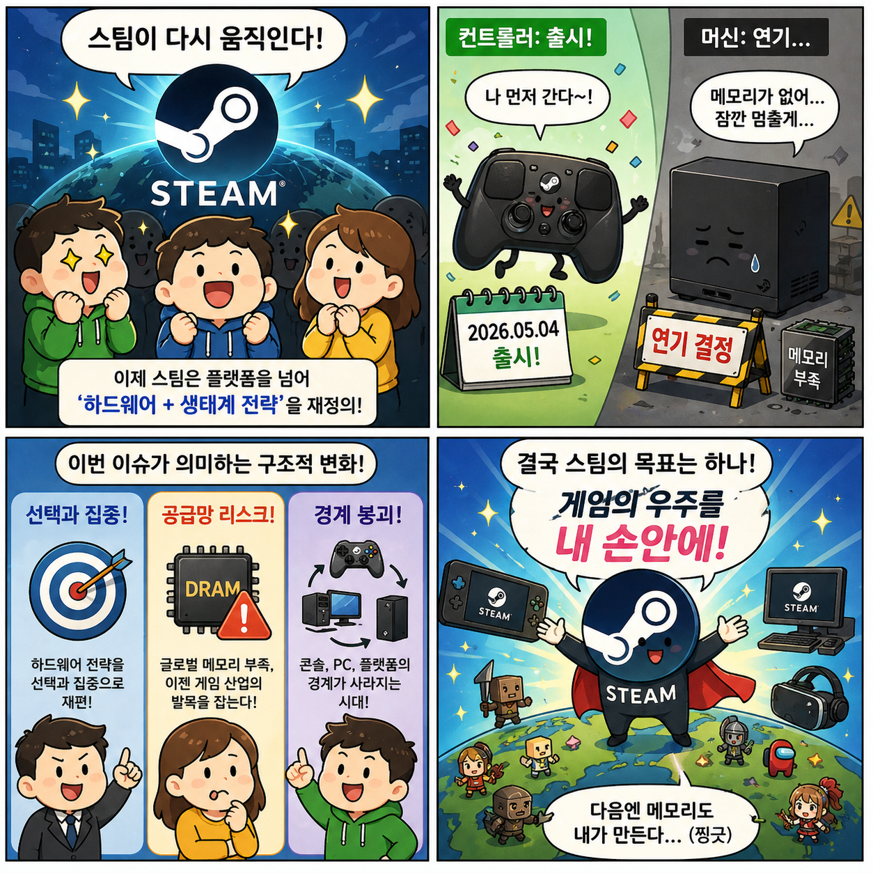 “컨트롤러는 나오고 머신은 멈췄다”…2026년 스팀이 보여주는 게임 4컷만화