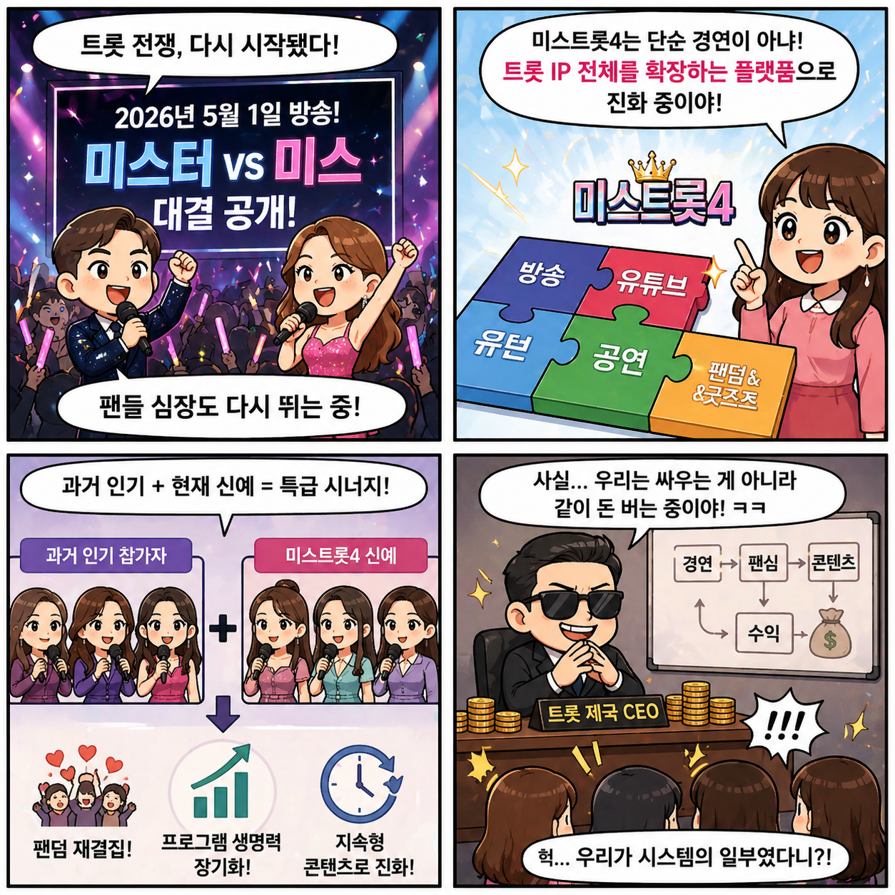 “트롯 전쟁 다시 시작됐다”…미스트롯4가 2026년 예능 판을 뒤집는 4컷만화