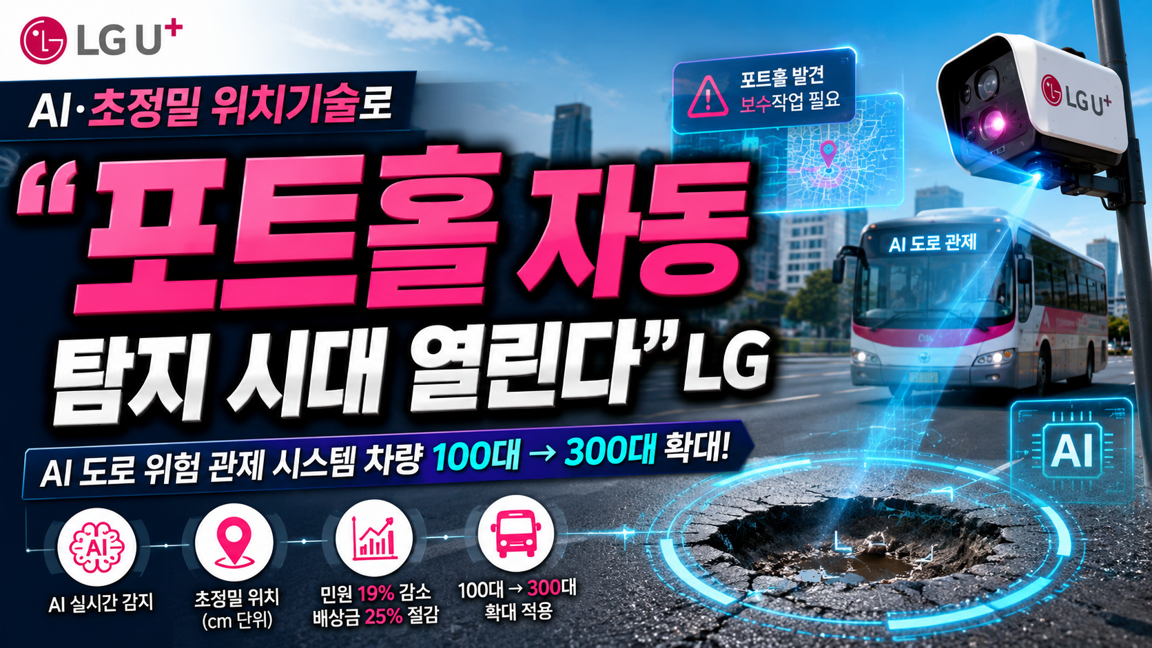 “포트홀 자동 탐지 시대 열린다” LG U+, AI·초정밀 위치기술로
